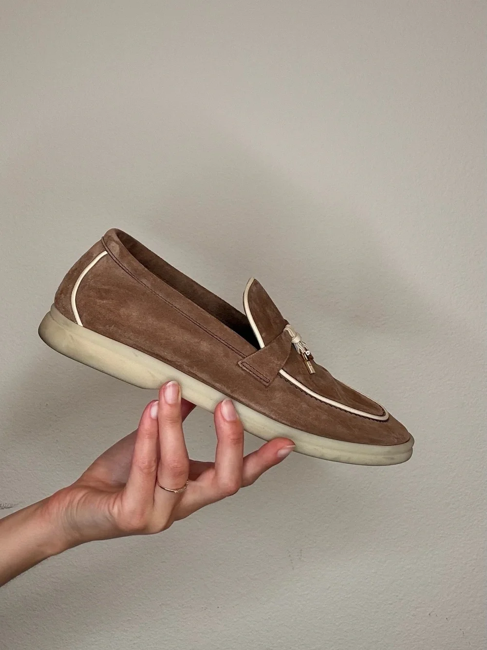 Loro Piana Suede Tassel Loafers in Taupe with Cream Trim